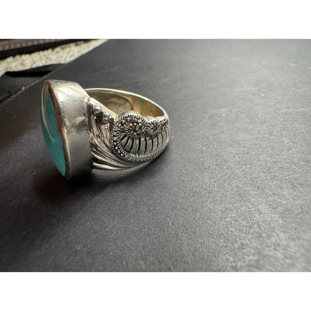 Vintage Southwestern Turquoise Oval Cut Filigree 925 Sterling Silver Ring Sz 7.5 - Picture 6 of 12
